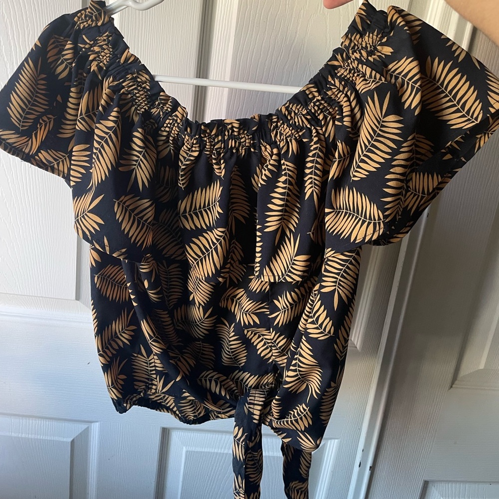 Leaf print off the shoulder blouse